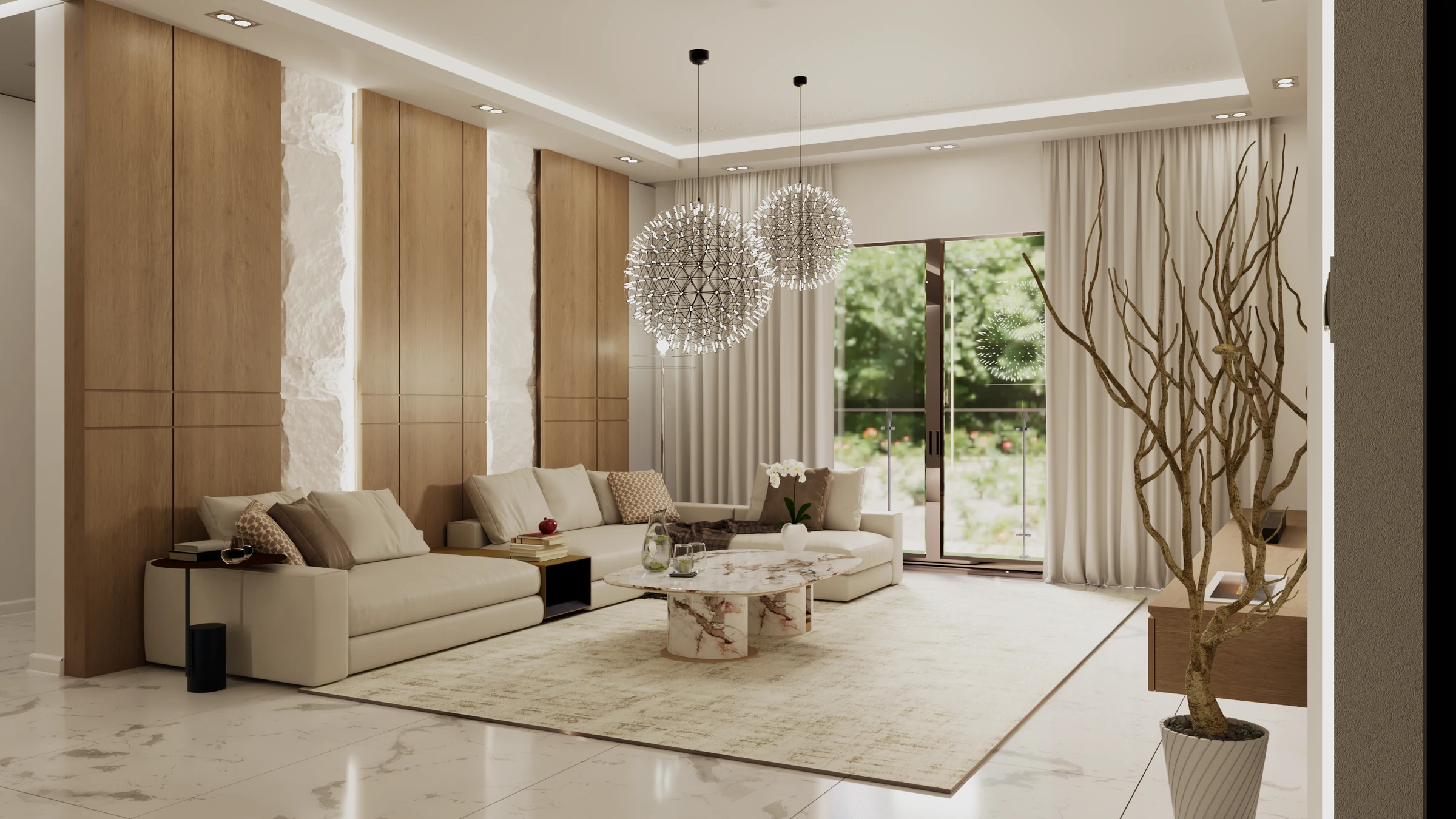 Luxurious open-plan lounge and dining room in a Royal Modern Homes apartment